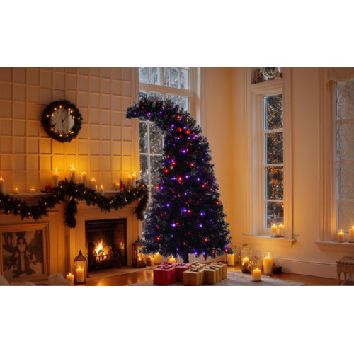 6FT Artificial Christmas Tree With LED Light, Pre-Lit Curved Shape Artificial Whimsical Xmas Tree With 900 Tips, Black Christmas Tree