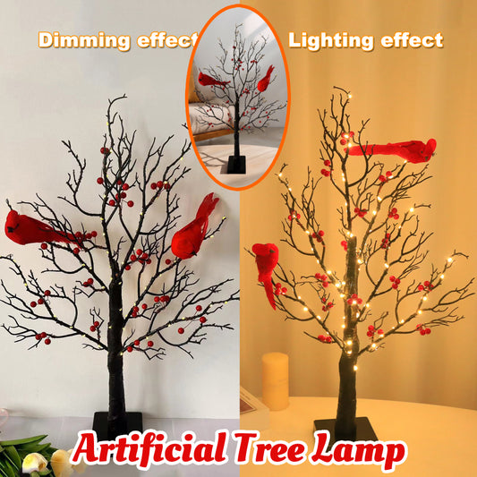 Lighted Mini Birch Tree Light LED Cardinals Christmas Tree Vintage Glowing Tree Light For Table Holiday Home Xmas Decoration