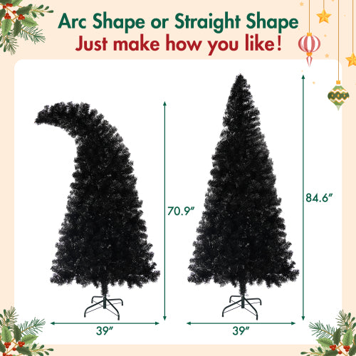 6FT Artificial Christmas Tree With LED Light, Pre-Lit Curved Shape Artificial Whimsical Xmas Tree With 900 Tips, Black Christmas Tree